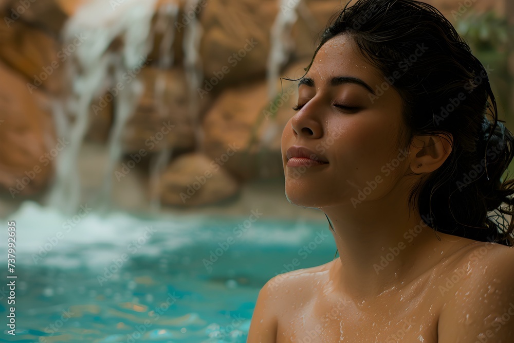 Young woman enjoying a serene spa experience immersed in a beautiful natural spring. Concept Spa Retreat, Natural Spring, Serene Relaxation, Pampering Experience, Tranquil Refreshment
