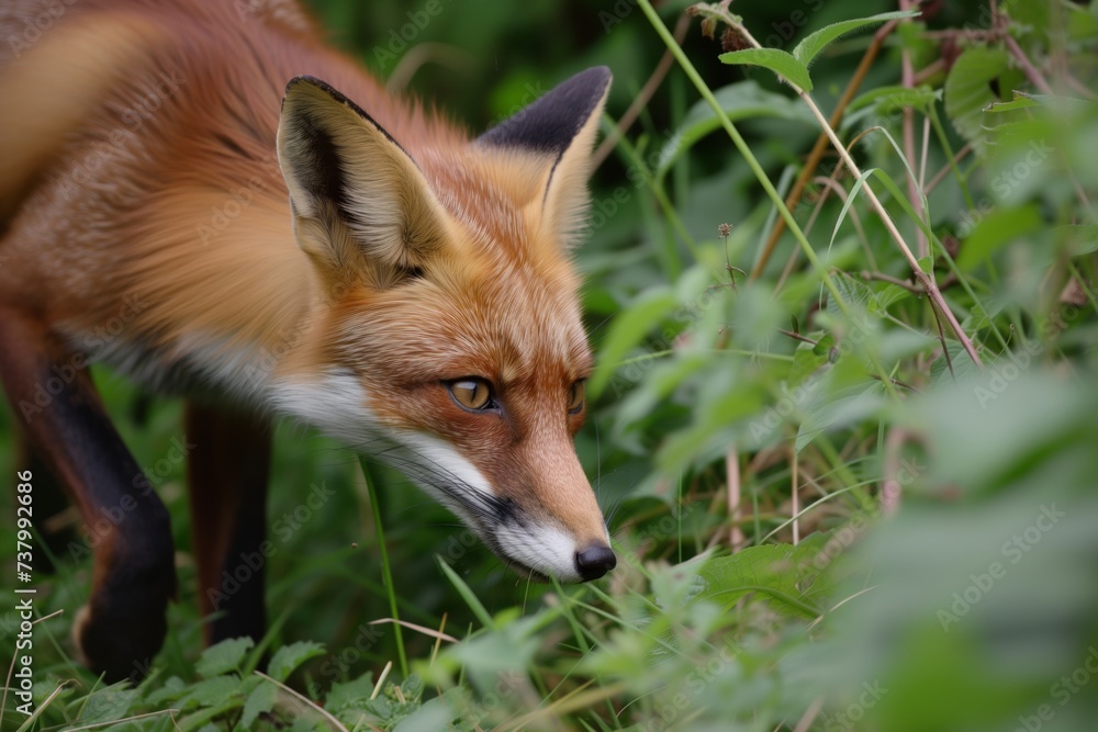 Fototapeta premium fox on the hunt in a dense thicket