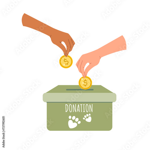 A charity donation box and hands dropping coins into it. Volunteering and animal welfare. Donating money to homeless animals. Vector illustration in the flat style
