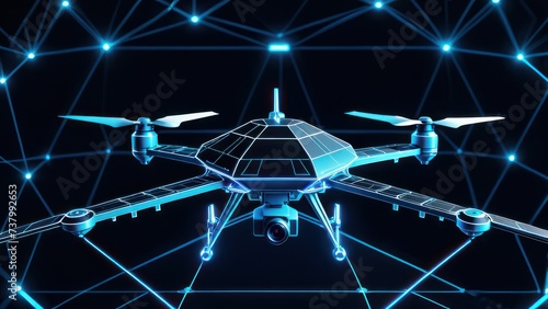 Futuristic Drone Technology Abstract. Digital wireframe of drones flying, blue neon glow. low poly background with connecting dots and lines. Futuristic digital low poly 3d drone. generative, AI photo