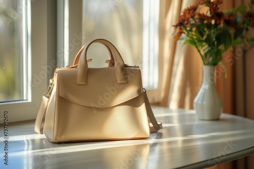 Beige women's leather bag on a white table. Light from the window. concept of quiet luxury.