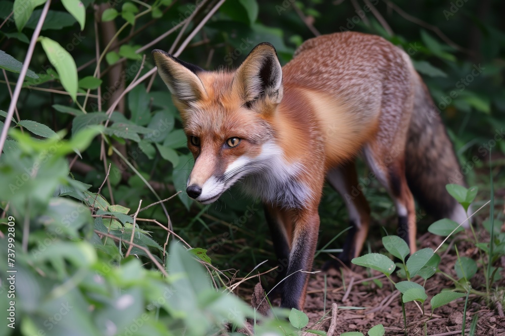 fox on the hunt in a dense thicket