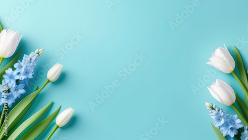 Beautiful spring flowers on pastel blue background. Wild flowers. Soft light color. Greeting card. Mockup for positive idea. Empty place for inspirational, emotional, sentimental text or quote.