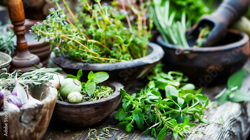 Fresh herbs and spices in rustic bowls; basil, rosemary, thyme, and garlic bulbs are prominently displayed on a wooden surface, offering a vibrant, aromatic visual feast.
