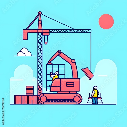 Workers at a vibrant construction site, crane lifting materials. Illustration in flat design style. (ID: 737993459)