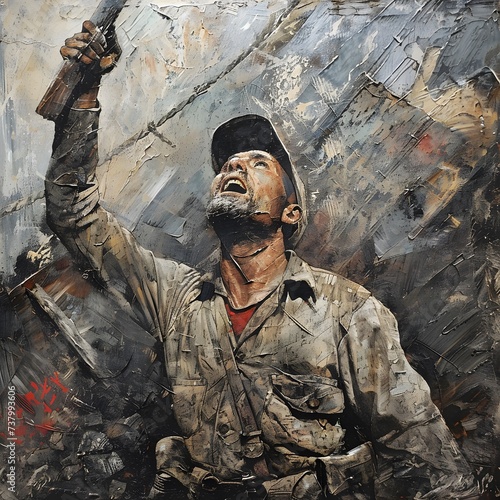 A worker, amidst a dynamic backdrop, raises a hammer, embodying the spirit of Labour Day. (ID: 737993606)