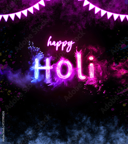 Happy Holi neon effect text for Social media post design Holi dj party poster and social media post design 