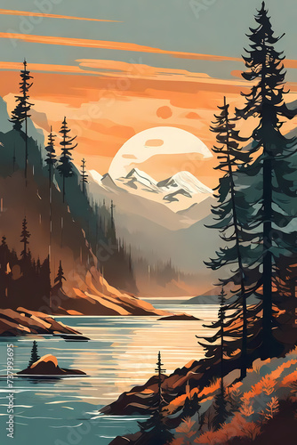 Retro art of British Columbia , Utilize the muted color palette, poster photo