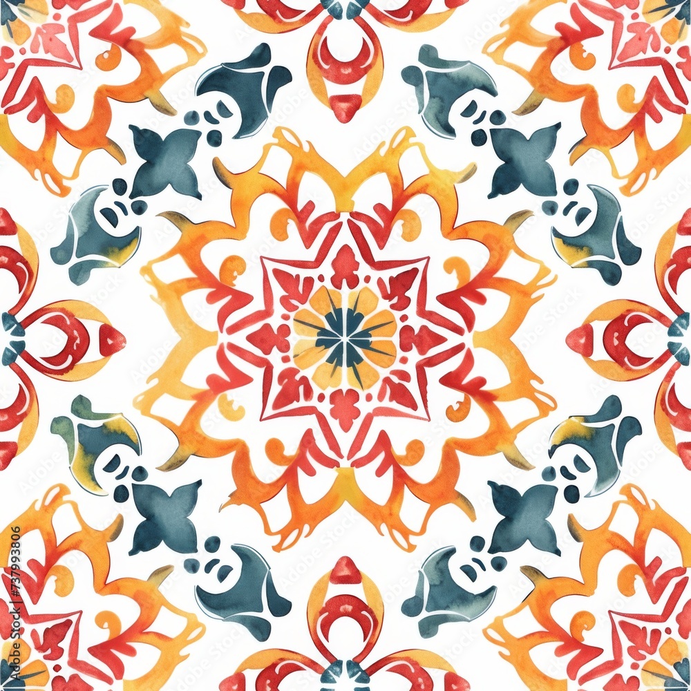Vibrant Watercolor Tile Patterns with Floral and Geometric Designs.