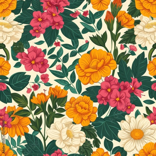 Latin Garden Inspired Floral Seamless Pattern Illustration.