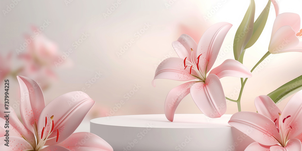 Podium with pink lily, scene with flowers on pink background Podium with pink lily, scene with flowers on pink background