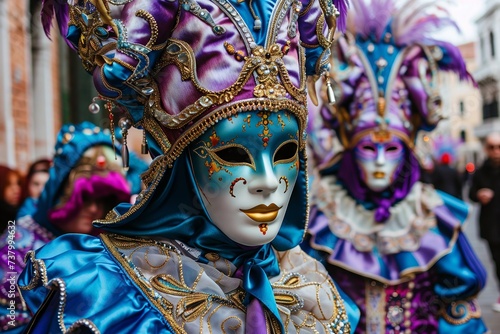 Masked Performers in Traditional Costumes at the Venice Carnival