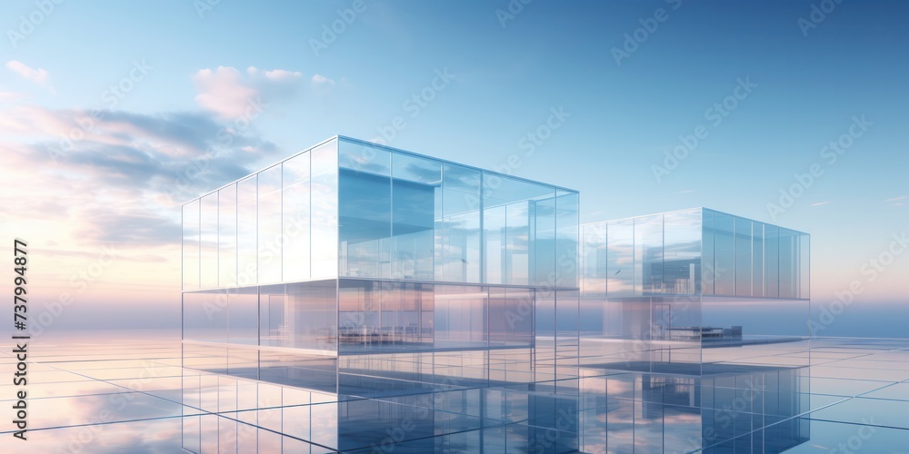 Building in downtown city mirror rooftop window and skyline futuristic glasses background sun pastel.