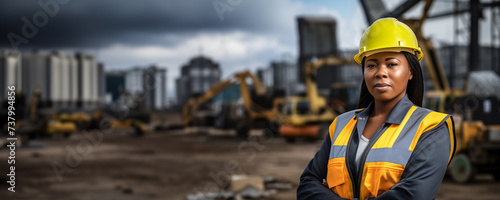 Young African female construction engineer at work with safety helmet and vest background banner © JoelMasson