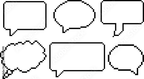 Pixel speech bubbles. Pixel speech bubble icon. Set of 6 empty pixelated speech bubbles on transparent background. Vector illustration EPS 10