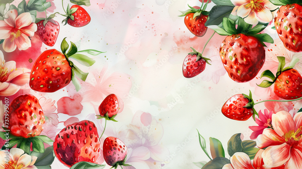 Strawberries in watercolor with flowers and leaves with branches, Strawberries in watercolor with flowers and leaves with branches,