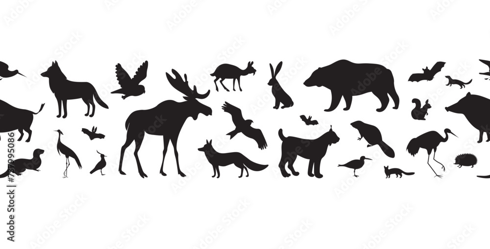 Naklejka premium Forest animals. Vector black silhouettes seamless border.