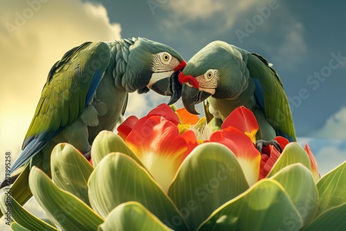 parrots in a facetoface gaze atop a flower photo