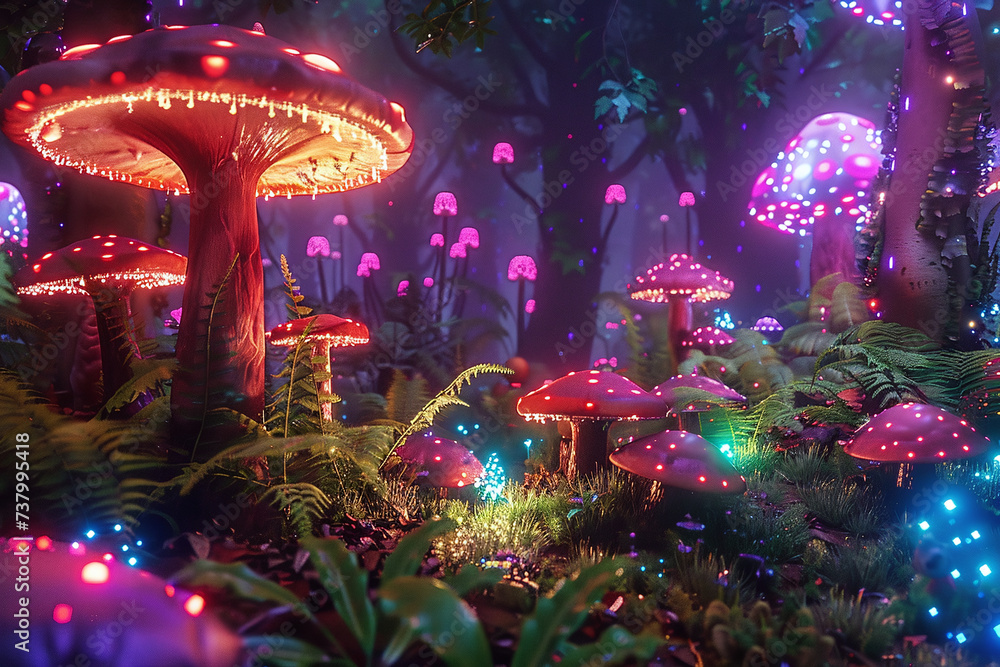 Enchanted Forest with Mystical Glowing Mushrooms in a Magical Woodland Atmosphere