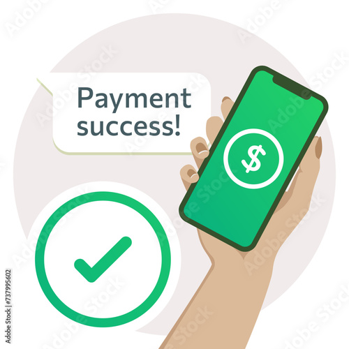 Mobile payment success. Received and transferred with check mark on screen. Woman's hand transacting with smartphone, sending and receiving money with online banking payment application.