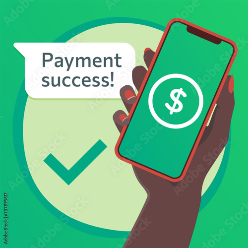Mobile payment success. Received and transferred with check mark on screen. Woman's hand transacting with smartphone, sending and receiving money with online banking payment application.