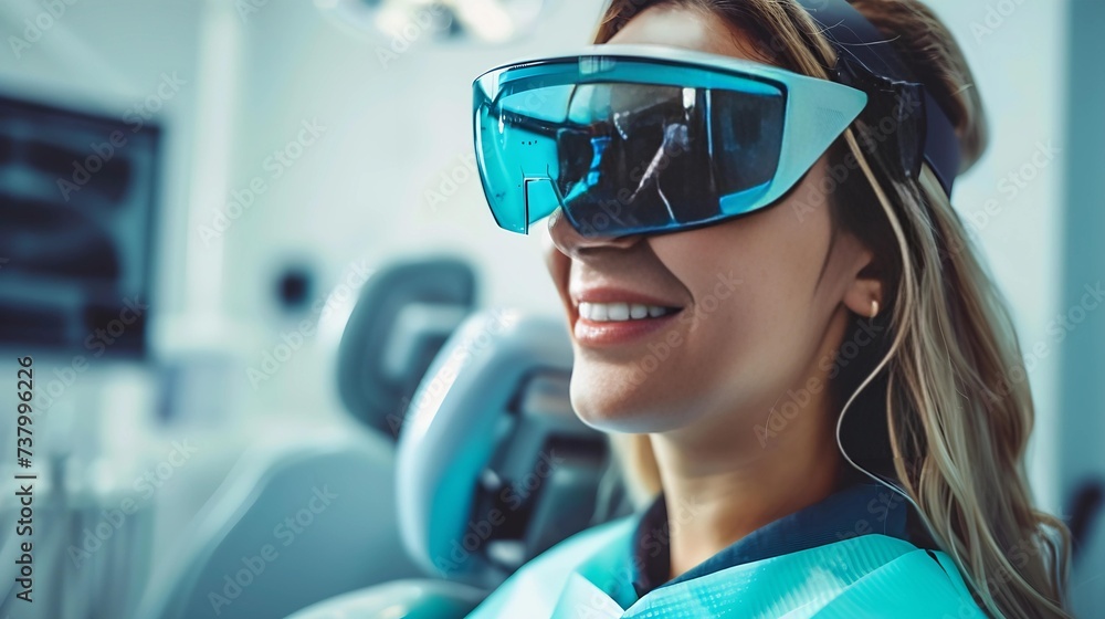A smiling dentist wearing augmented reality glasses is ready for a high-tech procedure in a state-of-the-art dental clinic. A smiling dentist wearing augmented reality glasses is ready for a high-tech procedure in a state-of-the-art dental clinic.