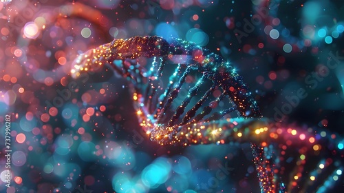 A vibrant digital representation of a DNA double helix, illuminated with a holographic effect against a backdrop of bokeh lights.