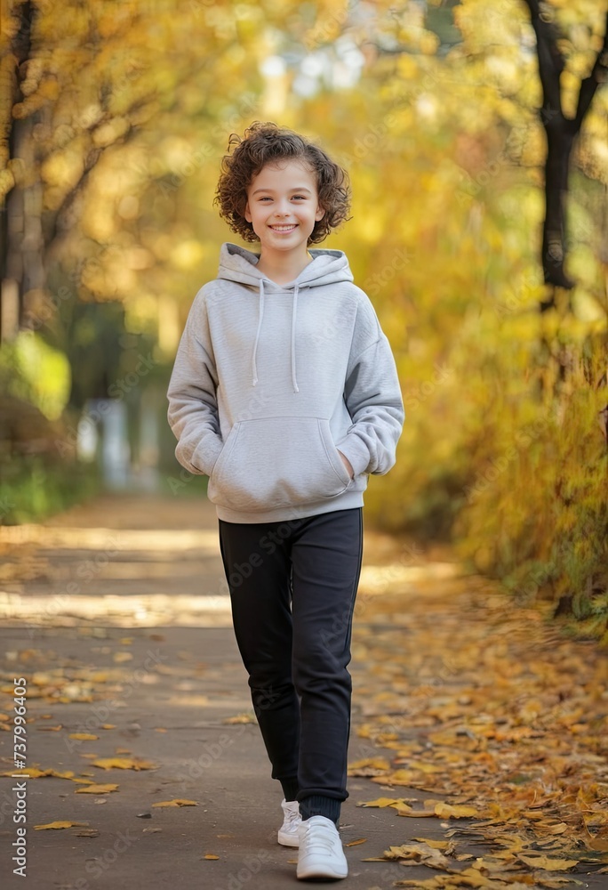 Portrait of young happy smiling preteen girl with short curly hair, weared in hoodies and loose pants posing in autumn park Portrait of young happy smiling preteen girl with short curly hair, weared in hoodies and loose pants posing in autumn park