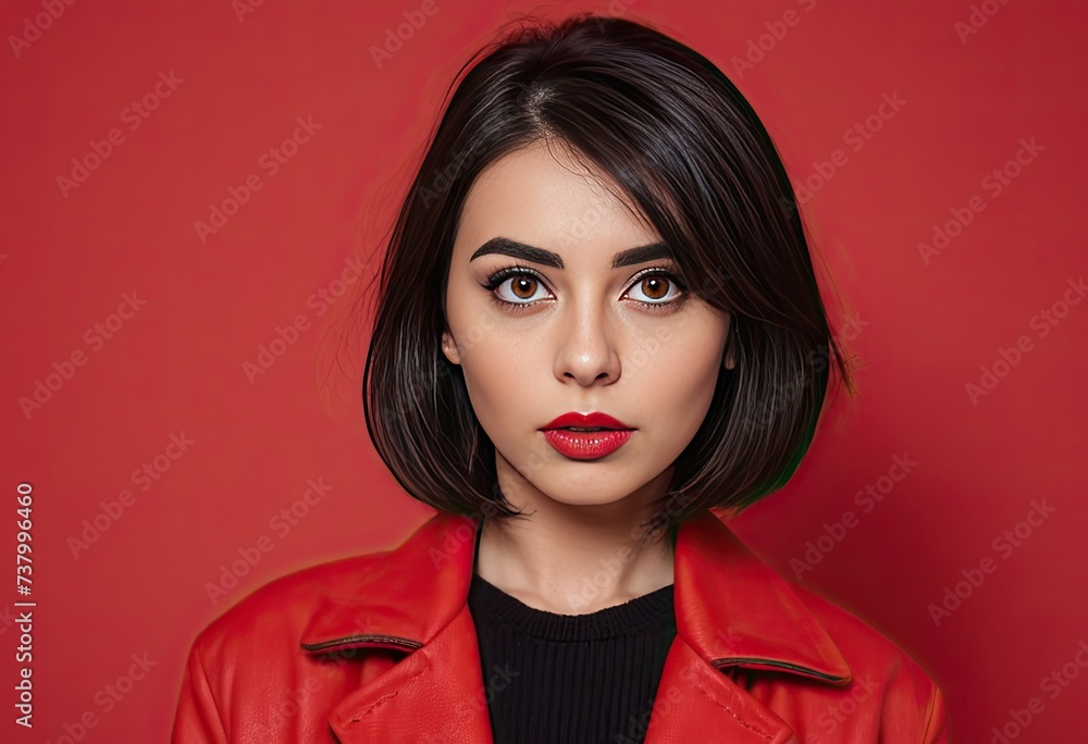 Portrait of young woman in red leather jacket over red background Portrait of young woman in red leather jacket over red background