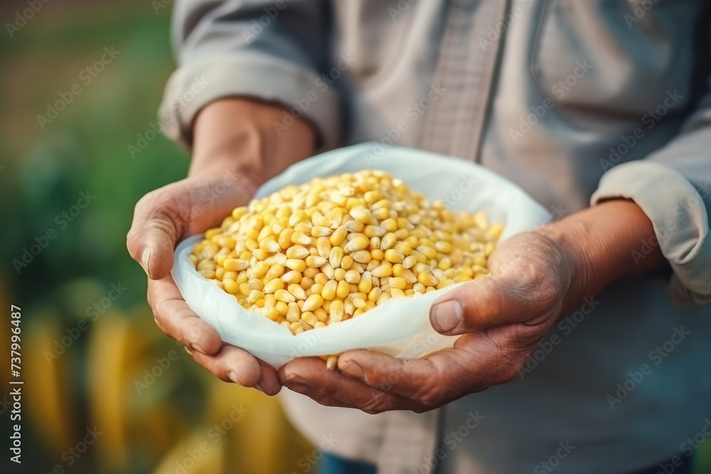 Farmer holding organic mixture food of a cup corn seed and wheat mix grain Farmer holding organic mixture food of a cup corn seed and wheat mix grain