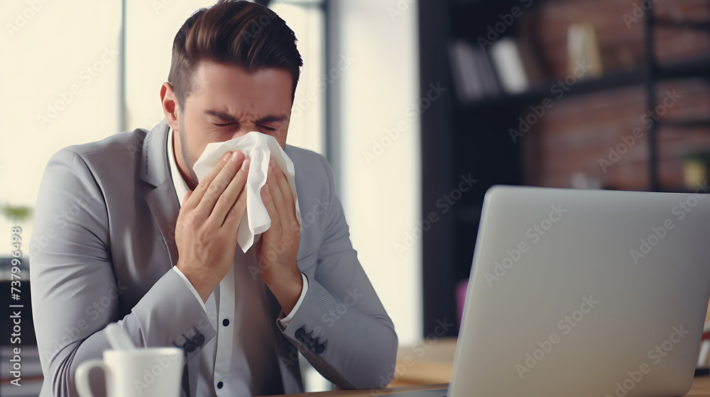 Man Blowing Nose in Call Center, Addressing Hay Fever or Illness - Proactive Care with Tissue, Emphasizing Health and Hygiene in the Office Environment, allergy virus or flu disease at work concept - obrazy, fototapety, plakaty 