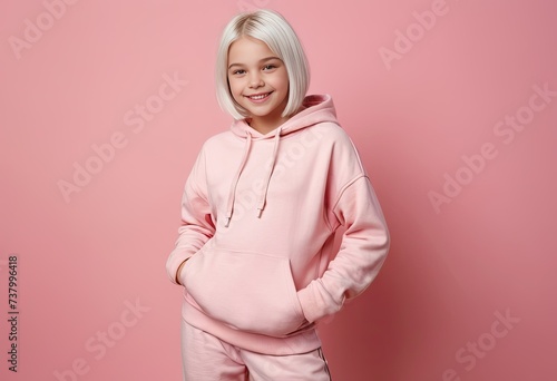 Portrait of young happy smiling preteen girl with short straight white hair, weared in hoodies and loose pants over pink background