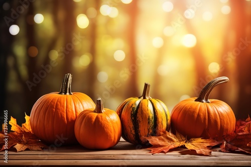 Pumpkins of various sizes on the table with blurred natural light