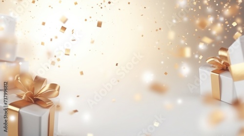 white gift and confetti flying and falling. festive, christmas texture, background. birthday card. place for text. © Svetlana