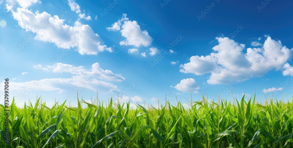 Fototapeta premium Green corn field and blue sky and cloud.