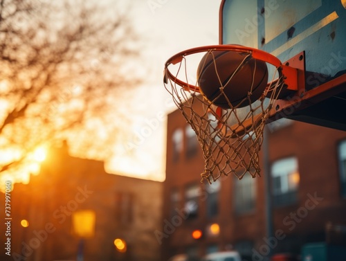 basketball hoop on the street close-up photo. concept of sport, competition, street sport. defocus