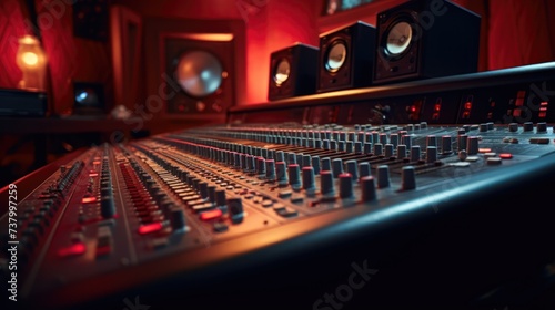 Wide-angle shot of a mixing console for a recording studio. Red cinematic studio light. soft focus,defocus.