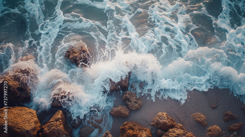 Waves crashing against rugged stones and sandy shores of a beach