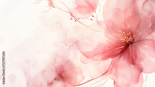 Fototapeta Naklejka Na Ścianę i Meble -  Watercolor art background with pink magnolia flowers. Hand painted floral background. Luxury minimal style design. Horizontal banner template with copy space.