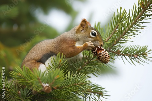 squirrel with spruce cone in mouth, ascending pine tree