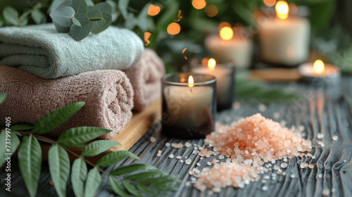 Indulge in Tranquility: Brown Towels Infused with Bamboo, Paired with Flickering Candles, Spa Stones, and Salt, Creating the Perfect Ambiance for Relaxing Spa Massage and Body Treatments
