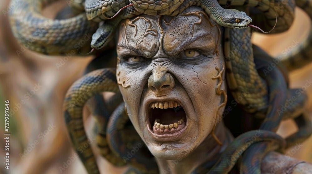 An intense portrayal of a Medusa face entwined with realistic snakes, suggesting themes of mythology, fear, and transformation.