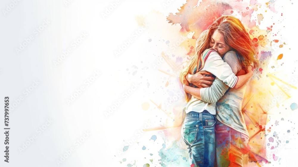 Watercolor illustration of a mother and child embrace, symbolizing love, family, and Mother's Day.