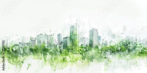 Generative AI, Green watercolor ecology urban landscape, Sustainable Living, Eco-Friendly, Skyline