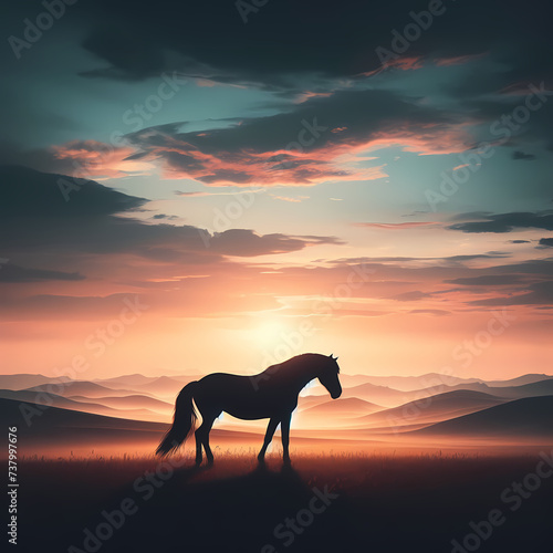 a stunning silhouette image of a horse against the backdrop of a sweeping landscape  capturing the grace and power of this magnificent creature in its natural environment  generative ai