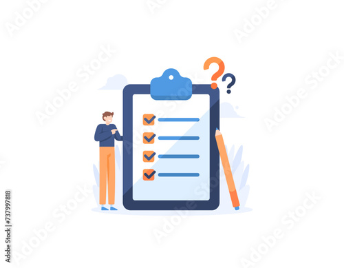 Questionnaire or checklist. A respondent who fills out a survey. put a tick on the form paper. answer questions. Fill out the survey form. collect information from respondents. illustration concept