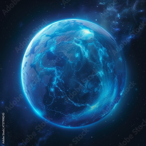 A planet with bioluminescent oceans casting a glow into space