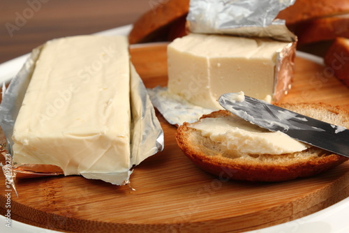 Processed cheese and bread. Breakfast. Appetizer series.