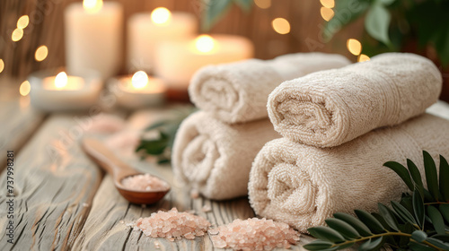 Indulge in Tranquility: Brown Towels Infused with Bamboo, Paired with Flickering Candles, Spa Stones, and Salt, Creating the Perfect Ambiance for Relaxing Spa Massage and Body Treatments