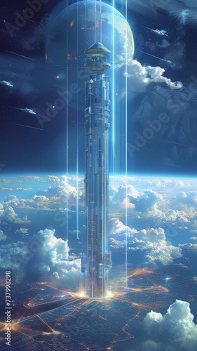 A space elevator connecting an orbiting habitat to the surface below